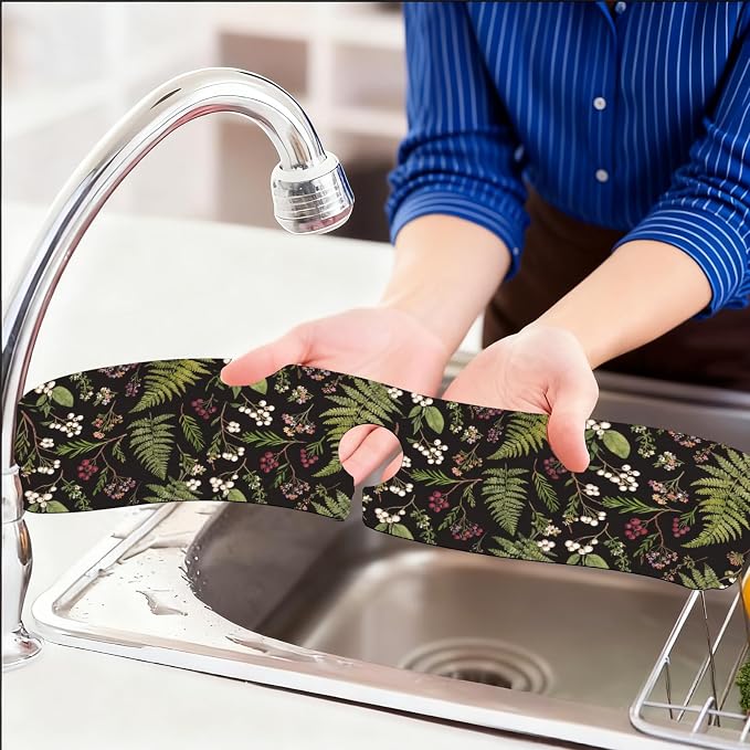 2 Pcs Kitchen Sink Splash Guard Faucet Mat Vintage Fern and Berries Pattern - Image 6