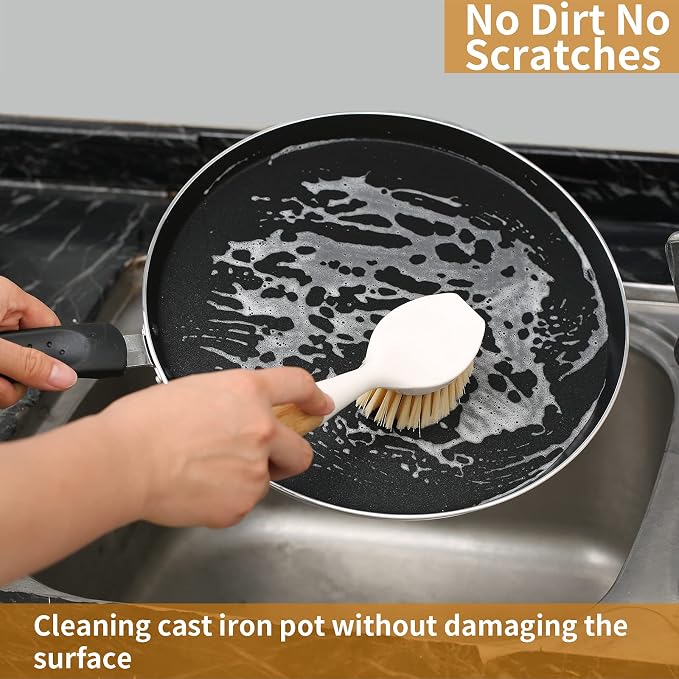 2 Pack Kitchen Dish Brush Bamboo Handle Dish Scrubber Built-in Scraper | Scrub - Image 7