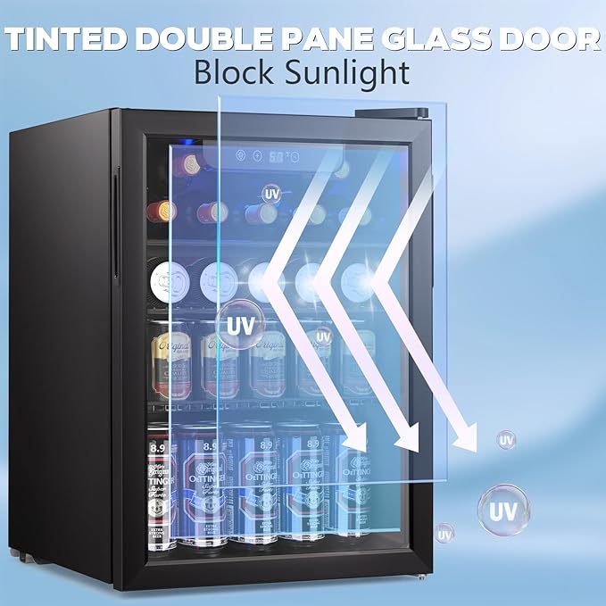 2.6 Cu.ft Beverage Refrigerator Cooler, 95 Can Mini Fridge Glass Door with Adjustable Shelves, Digital Temperature Display, Freestanding Small Drink Fridge for Home, Office or Bar(Black)