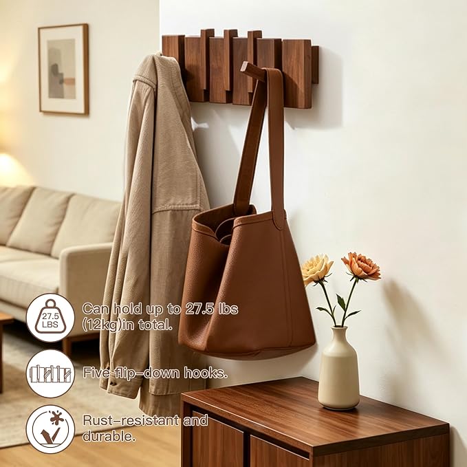 Coat Rack Wall Mount, Walnut 5 Flip-Down Picket Hanger Hooks - Image 3