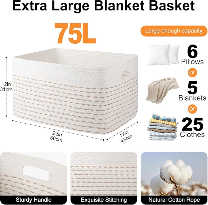 OIAHOMY 75L Large Blanket Basket Rectangle Storage Basket Light Yellow - Image 2