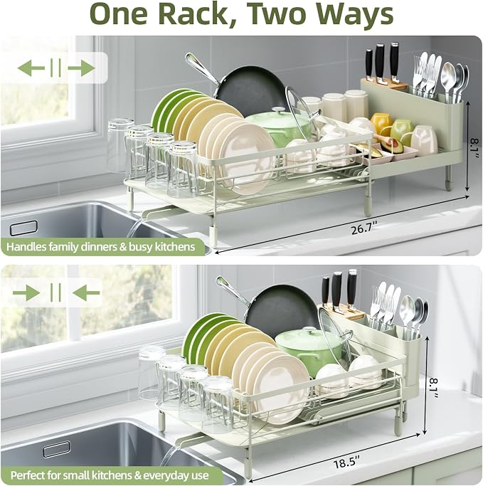 Urackify Extendable Dish Rack, 18.5"-26.7" L x 12.7" W, Soft Celery Green | - Image 2
