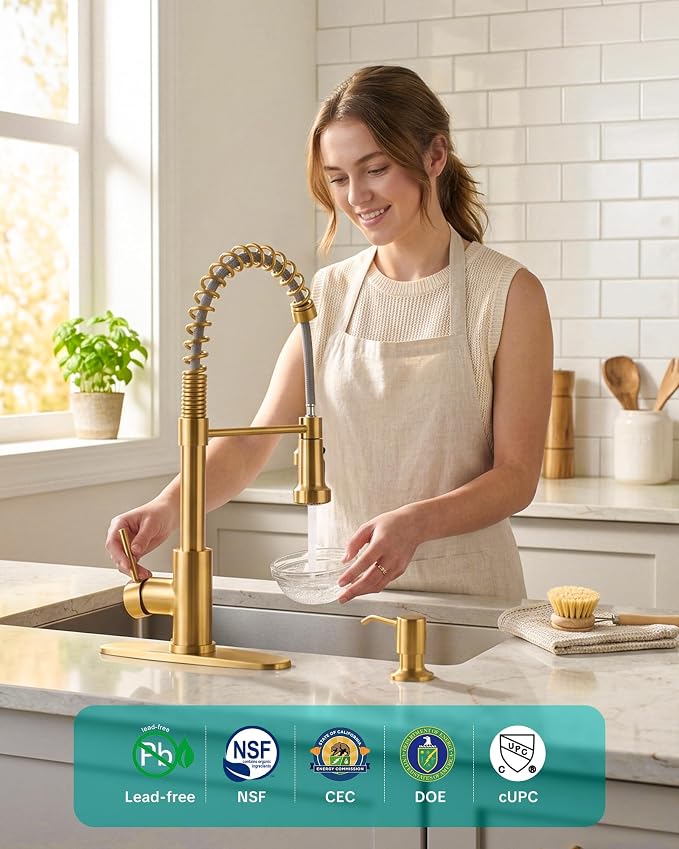 Kitchen Sink Faucet with Soap Dispenser: Brushed Gold Kitchen Faucets with Pull - Image 2