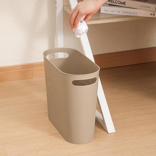 rejomiik Small Bathroom Trash Can, 3.5 Gallon Slim Garbage Can, Khaki | Plastic - Image 6