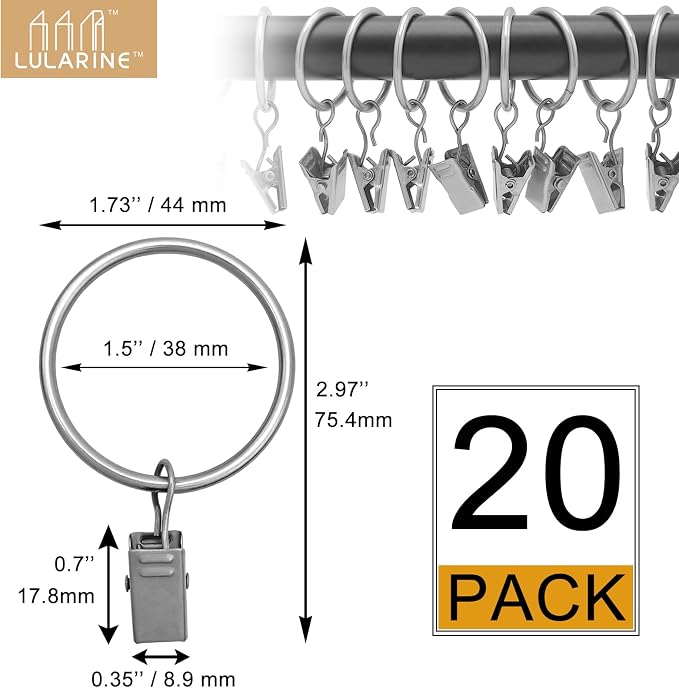 20 Pack Curtain Rings with Clips 1.5" Interior Diameter, Metal Drapery Clips - Image 2