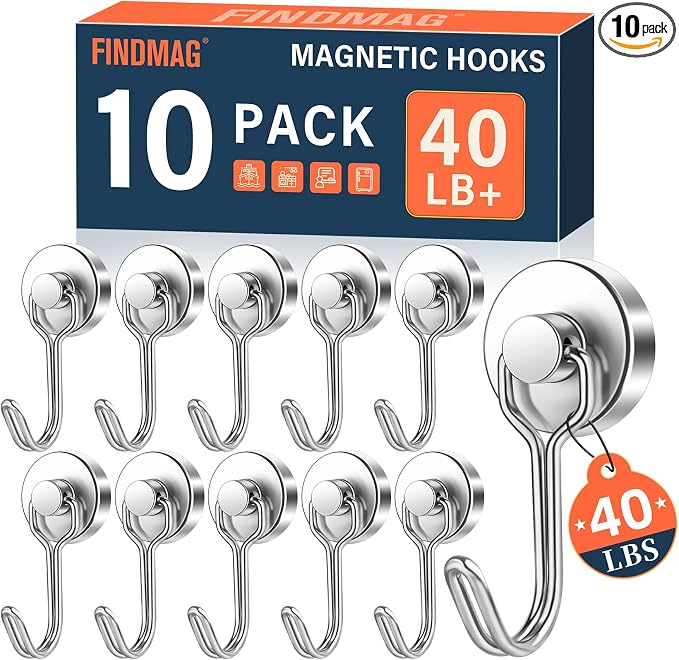 FINDMAG 10 Pack Silver Magnet Hooks, 40LB+ Magnetic Hooks by FINDMAG