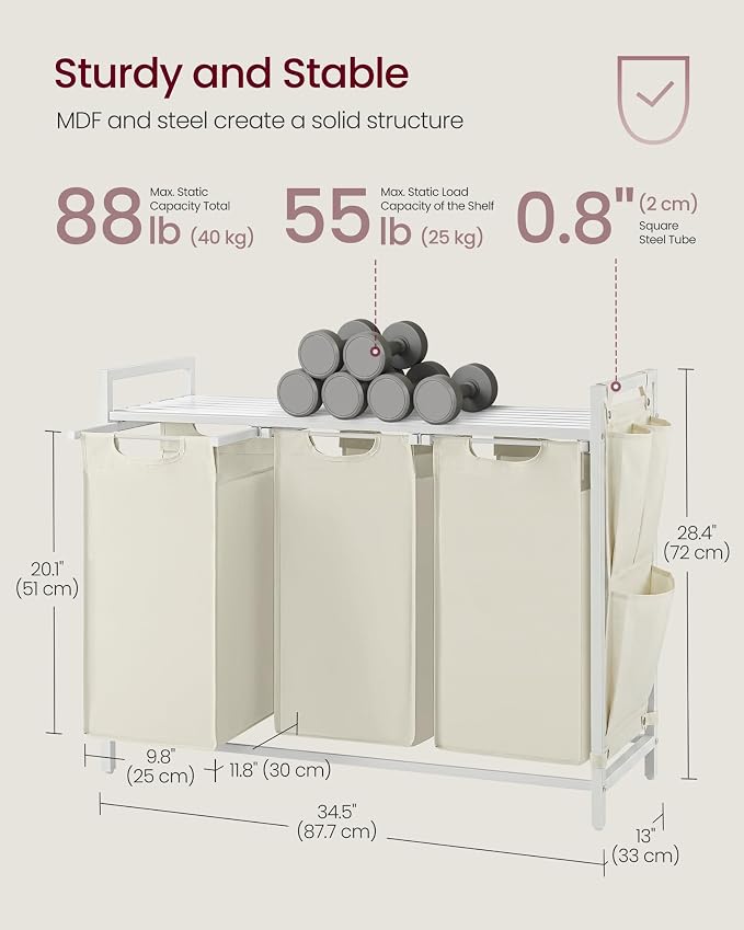 VASAGLE Laundry Hamper with Shelf, 3 Pull-Out Bags, 3 x 10.6 Gallons - Image 6