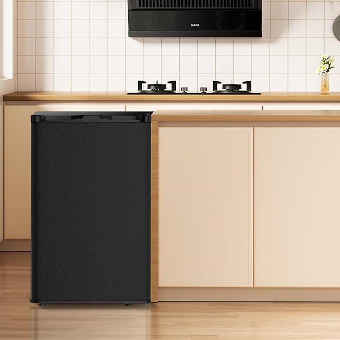 TABU 3.6 Cu Ft Upright Freezer, Compact Freestanding Mini Freezer with 7 Adjustable Thermostat & Removable Shelves, Reversible Stainless Steel Door, Black