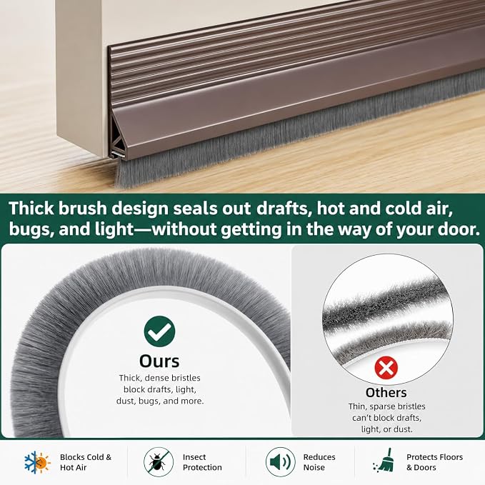 Door Draft Stopper with Brush, 1 Pack | Self Adhesive Weather Stripping - Image 6