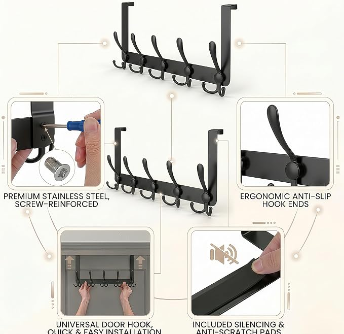 Over The Door Hooks, Coat Rack for Hanging Clothes Hat Towel … - Image 5