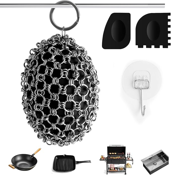 Cast Iron Scrubber Cleaner, Rugby Shape Scrubber Chain Mail with Silicone Core, Cast Iron Skillet Cleaner Cleaning Care Kit Perfect for Cast Iron Cookware,Skillet,Woks - Black