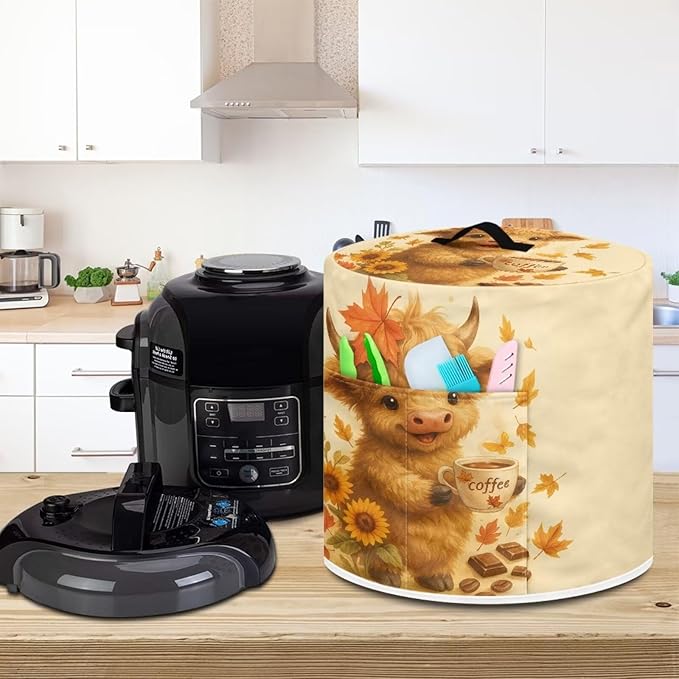Thanksgiving Day Decor Kitchen Appliance 6 Quart Pressure Cooker Air Fryer Rice Cooker Dust Cover with Top Handle and Storage Pocket Maple Leaf Cute Highland Cow
