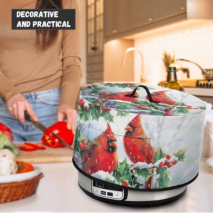 Cardinal Holly Snow Print Slow Cooker Cover with Storage Pocket Stain Resistant Winter Slow Cooker Cover for Kitchen Extra Accessories Fit 6/7/8 Quart Electric Oval Crock Pot Christmas Decor