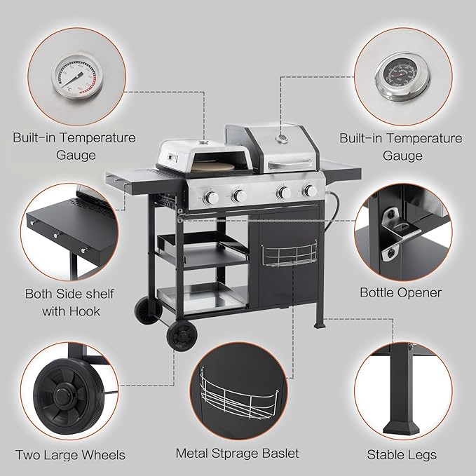 Endark 49,200 BTU 4-Burner Multi-Function Stainless Steel BBQ Grill - For Outdoor Cooking, Patio Backyard Barbecue, Camping - Griddle Combo for BBQ,FRYING and PIZZA