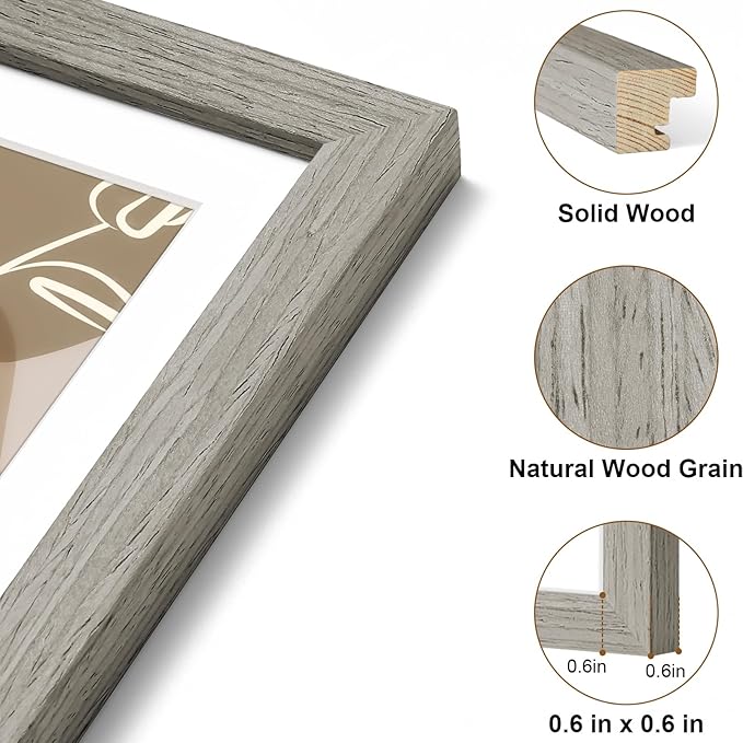 Vittanly 11x17 Picture Frame, Solid Wood Frame with Plexiglass, Includes 8x12 Mat, Wall Hanging for Photos, Home Decor, Grey, 1 Pack