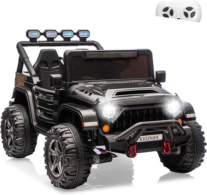 Kids 24V 2-Seater Electric Ride On Car, 4x4 Ride On Truck w/Remote Control, 4-Wheeler Suspension, 3 Speeds, Led Lights, Bluetooth, Ride on Car Toy for Kids Ages 3-8, Black