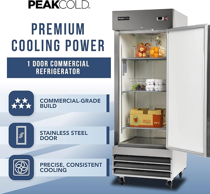 PEAKCOLD Single Door Commercial Refrigerator - 23 Cubic Ft, 29" Wide Stainless Steel Reach-In Commercial Refrigerator with White Internal Lighting - Freestanding Industrial Fridge