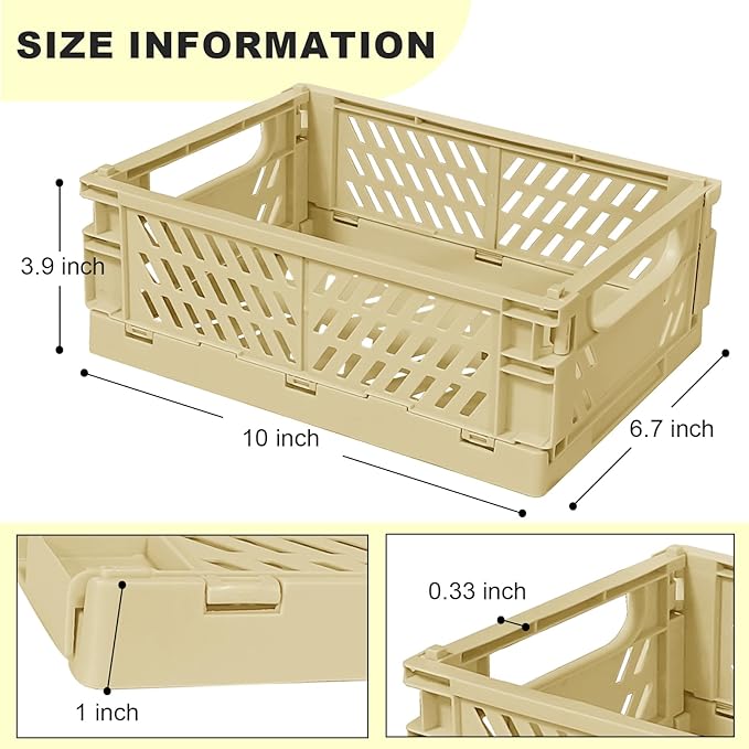 Small Pastel Plastic Storage Bins 2Pcs Foldable Pastel Crates Plastic Basket Colorful Storage Containers Baskets for Classroom Kitchen Office Bedroom Desktop Home Decor (Yellow 9.8" x 6.5" x 3.8")