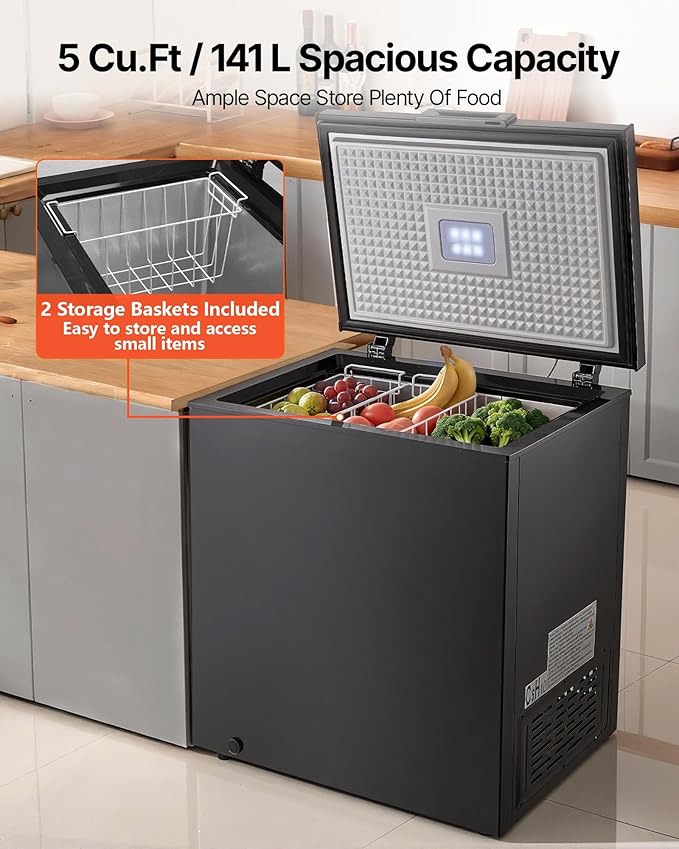 VEVOR Chest Freezer, 5 Cu.ft Compact Deep Freezer, Free Standing Top Open Door Chest Freezers with 2 Removable Baskets & Adjustable Thermostat - Energy Saving, Low Noise & Garage Ready, Black