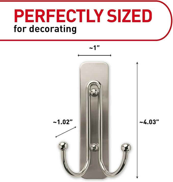 Command Large Brushed Nickel Double Hooks, 2 Hooks and 2 Strips, Damage Free - Image 2