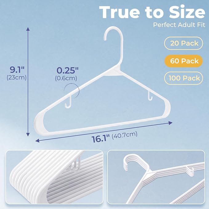 HOUSE DAY White Plastic Hangers 60 Pack, Slim Space-Saving Clothes Hangers | - Image 3
