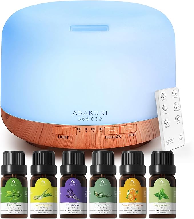 ASAKUKI Oil Diffuser with Essential Oils Set, 500ml Aromatherapy Humidifier | by ASAKUKI