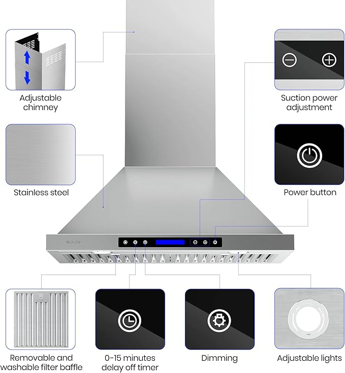 Range Hood, EKON Wall Mount Hood 900 CFM Kitchen Hood Vent 4 Speeds Touch Control LCD Display With Remote /3 Pcs Baffle Filters / 2 Pcs 3W Led Lamp/Vent-less or Recirculation Operation (NAP02-36IN)