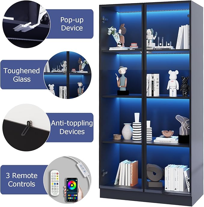 Glass Display Cabinet with LED Lights, Display Case Bookcase with 4-Tier Shelves, Curio Cabinet with 2 Glass Doors, Storage Cabinet for Collectibles, Living Room