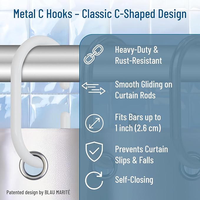 12 Metal Shower Curtain Hooks, Rust-Proof Decorative C-Shaped Curtain Hooks - Image 3
