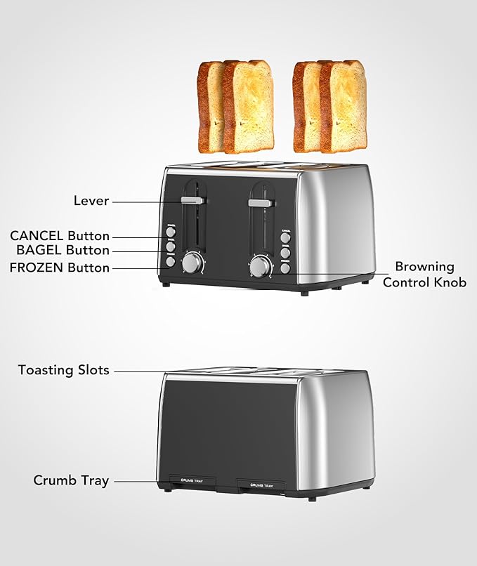 Cowsar Toaster 4 Slice Retro Stainless Steel, Compact 4 Slice Toaster with Extra Wide Slots for Toasting Bread, Bagel, Cancel/Bagel/Defrost Function, Toast Boost, 6 Shade Settings