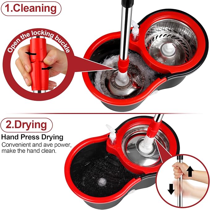 Spin Mop and Bucket with Wringer Set, 3 Microfiber Mop Heads - Image 4