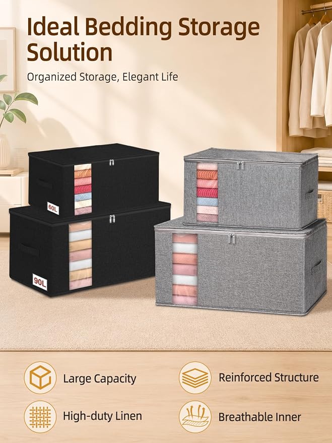 60L Rigid-Sided Blanket Storage Bags, 2 Pack, Stackable Design, - Image 2
