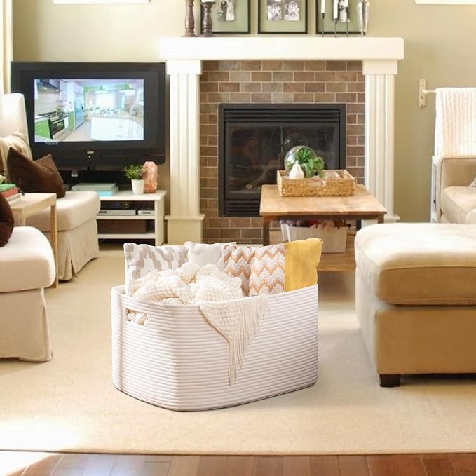 OIAHOMY 96L XXXLarge Blanket Basket Woven Cotton Rope Storage Basket White - Image 2