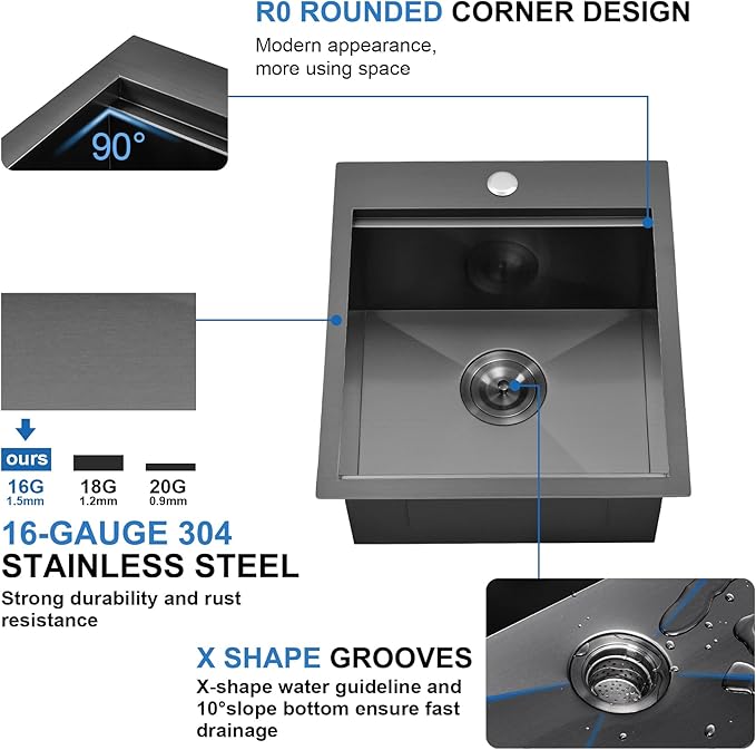 Scamall 17x19x9 Drop In Kitchen Sink Workstation, Nano Black 304 Stainless Steel Deep Single Bowl with Quick Drainage & Tarnish-Free Surface for Bar, Laundry, RV, Includes Accessories