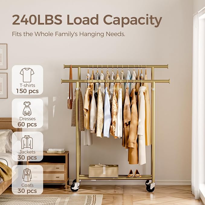 HYSEYY Clothes Rack, Double Rods Rolling Clothing Rack - Image 2