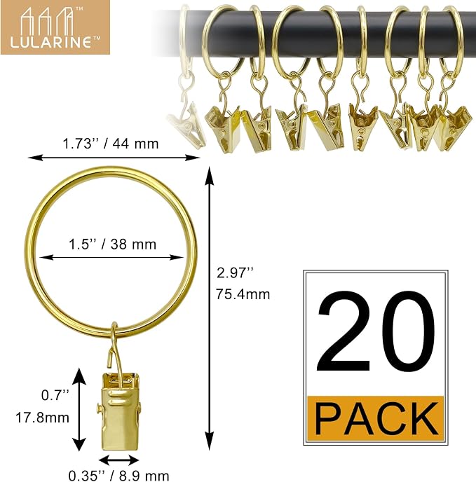 20 Pack Curtain Rings with Clips 1.5" Interior Diameter, Metal Drapery Clips - Image 2