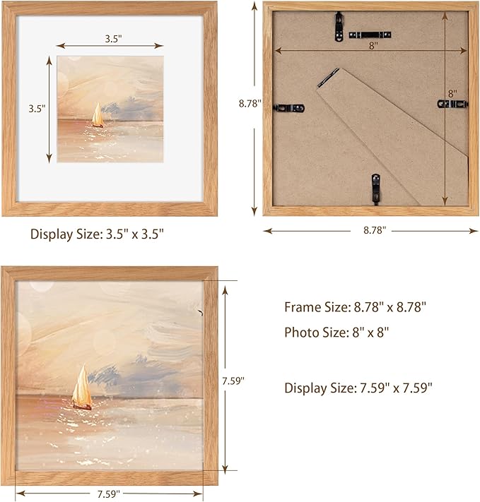 Fun Memories 8x8 Picture Frame, Solid Oak Wood 8 x 8 Picture Frames Matted to 4 x 4,Square 8 x 8 Wood Frame with Tempered Real Glass, Rustic 8x8 Photo Frame for Wall & Tabletop Display