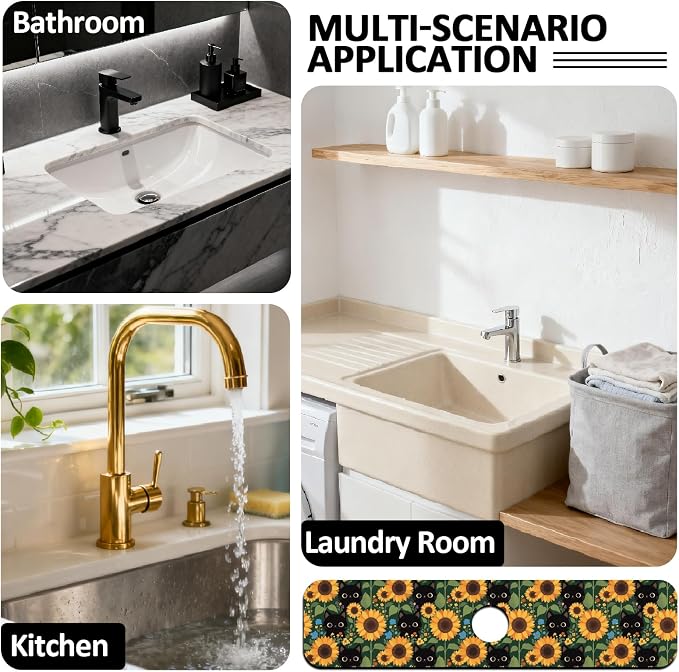 2 Pcs Black Cat Kitchen Sink Splash Guard Faucet Mat Sunflower Animals and - Image 7