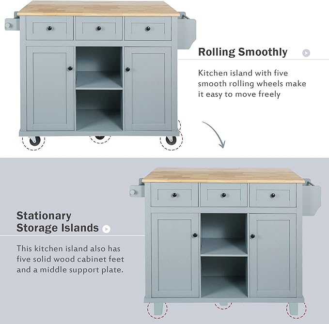 Rolling Mobile Kitchen Island Cart Breakfast Bar with Wood Top, Door Internal Storage Racks, 3 Drawers and 5 Wheels for Dining Room