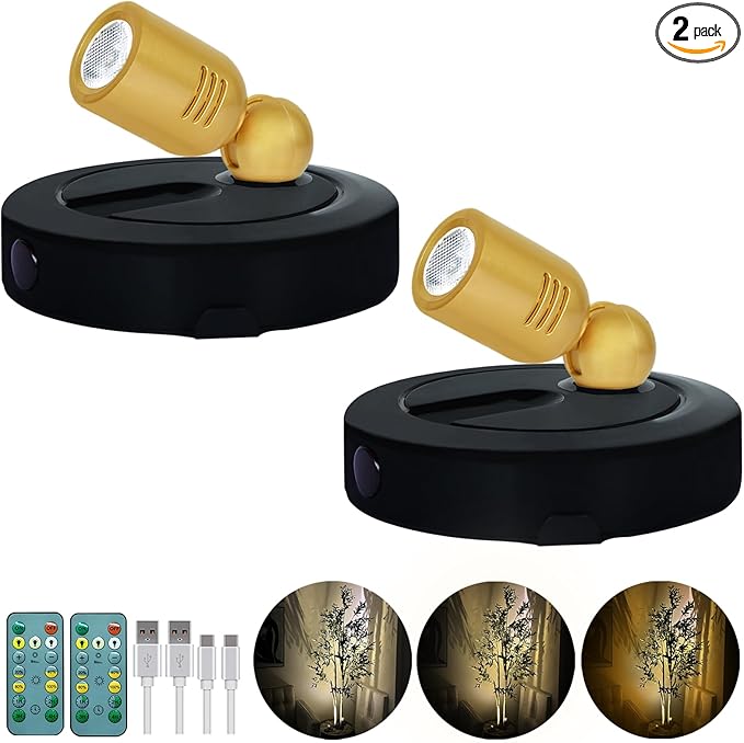 Rechargeable LED Spotlight, 3 Lighting Modes Battery Powered Indoor Spotlights with Remote, Uplighting for Trees Plants, Dimmable Timer Picture Spot Light for Wall Artwork-2Pack