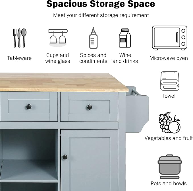 Rolling Mobile Kitchen Island Cart Breakfast Bar with Wood Top, Door Internal Storage Racks, 3 Drawers and 5 Wheels for Dining Room
