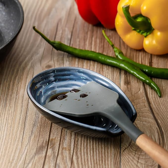 Hasense Spoon Rest Set of 2 for Stove top, Cooking Spoon Holder for Kitchen Counter, Ceramic Utensil Rest for Ladle, Spatula, Tong and Spoon, Heat-Resistant Spatula Holder, Grayish Blue