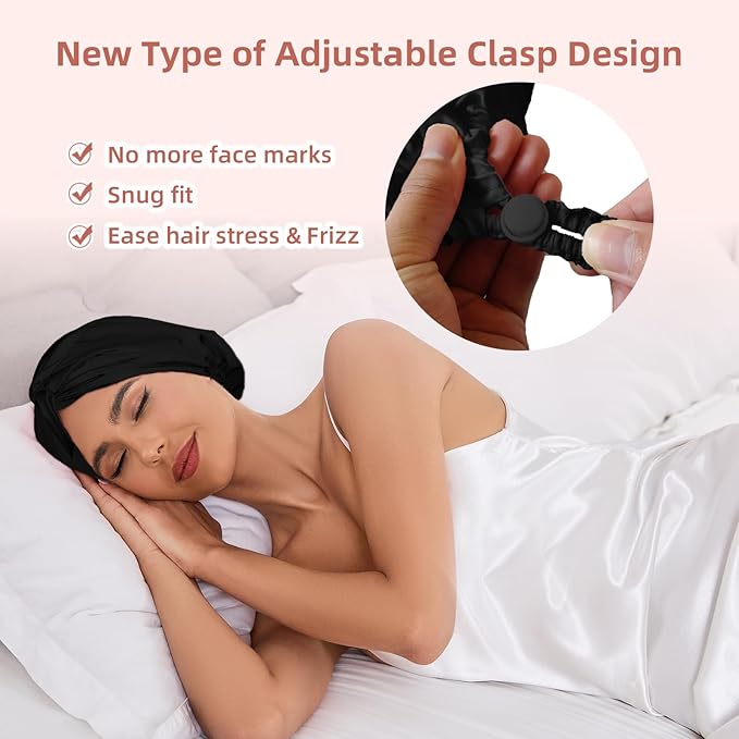 Adjustable Silk Satin Hair Bonnet for Sleeping Women, Double Layer, Silk Hair Wrap for Sleeping Women Men, Curly Natural Braid Straight Unisex - Black