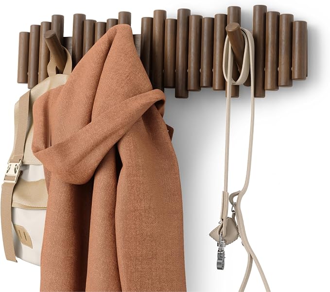 Umbra Picket Coat Rack, Wall Mount 8 Flip-Down Coat Hooks, Walnut | Beveled by Umbra