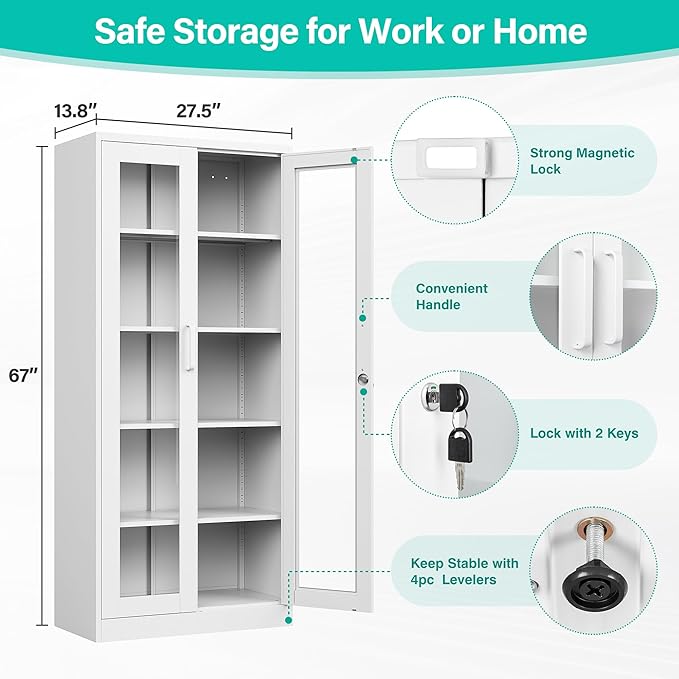 SISESOL Metal Storage Cabinet with Lock and Glass Doors,Glass Display Cabinet,67" Tall White Storage Cabinets,Locking Curio Cabinets with 5 Shelves for Collectibles,Home,Office,Living Room