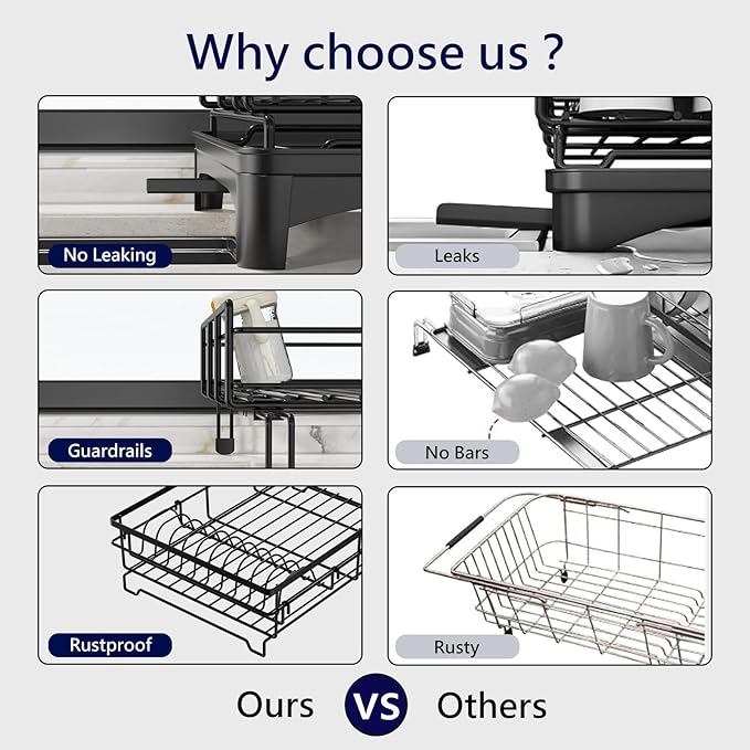 MIKEE 2-Tier Dish Drying Rack for Kitchen Counter, Expandable Rustproof Dish Drainer - Over The Sink Dish Drying Rack with 360° Rotating Drain, Kitchen Utensil Holder, Home and Kitchen Organization