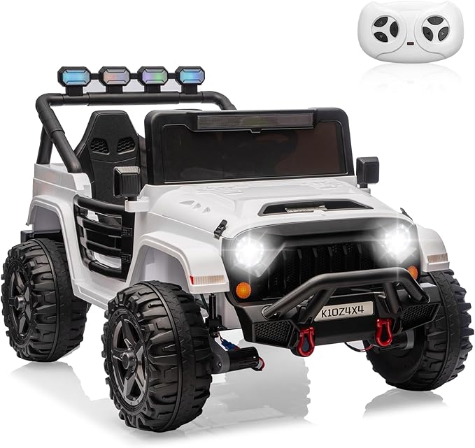 Kids 24V 2-Seater Electric Ride On Car, 4x4 Ride On Truck w/Remote Control, 4-Wheeler Suspension, 3 Speeds, Led Lights, Bluetooth, Ride on Car Toy for Kids Ages 3-8, White