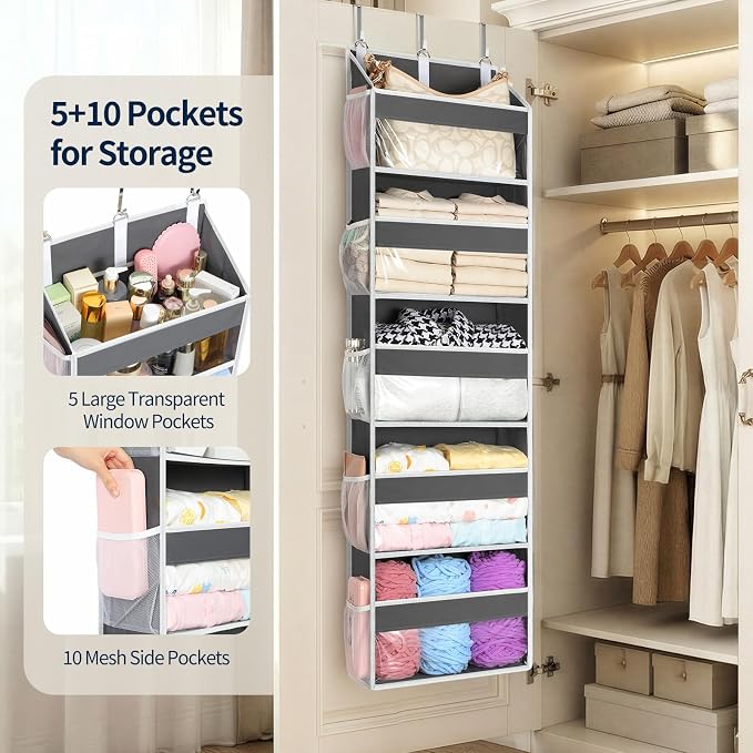Yecaye 5 Tier Clear Over the Door Organizer Hanging, 5 Large Plastic Pockets - Image 3
