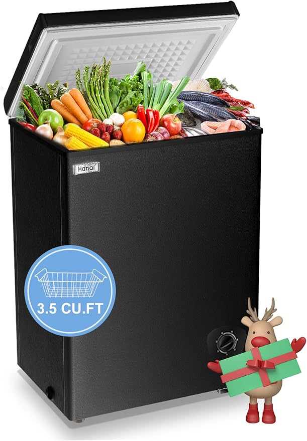 Chest Freezer Small Deep Freezer WANAI 3.5 Cu.Ft Mini Freezer Black Free-Standing Top Door Freezer Adjustable 7 Thermostat and Removable Basket Open Deep Freezer Apartment Kitchen, Black