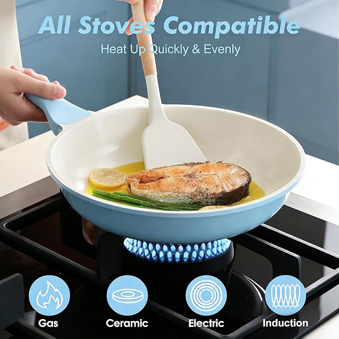SENSARTE Nonstick Ceramic Frying Pan 12.5-Inch, Healthy Non Toxic Skillet, Induction Compatible Omelet Pan with Heat Resistant Handle, PFAS-Free, Blue